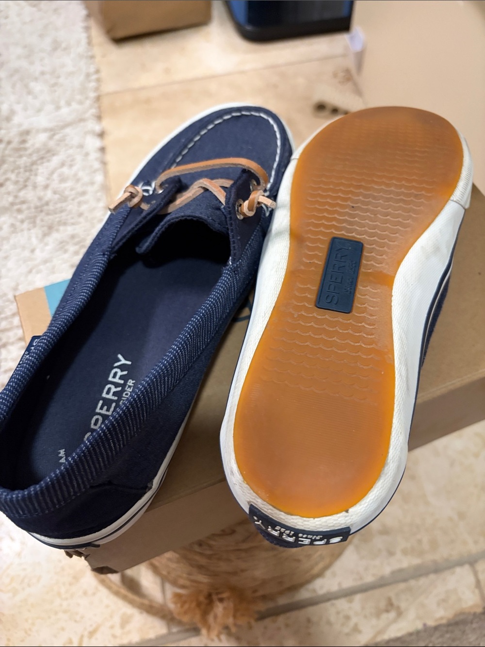 Sperry Navy Canvas Boat Shoes with Tan Laces - Picture 3 of 4